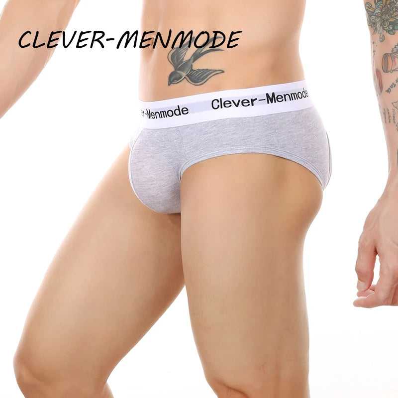 Gray open-back cotton brief with white logo waistband, backless cut detail