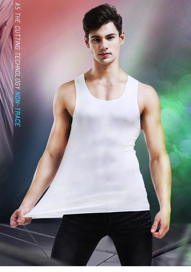 Men's white seamless fitness vest on model, sleeveless crew neck