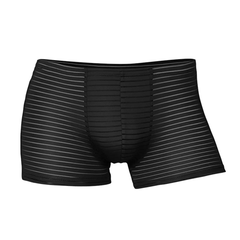 Black mesh boxer brief, flat lay front with vertical stripe texture