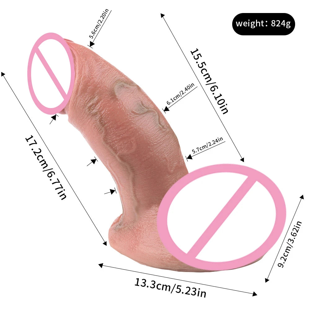 Measurement diagram of rose-red silicone dildo with suction base and double-layer texture