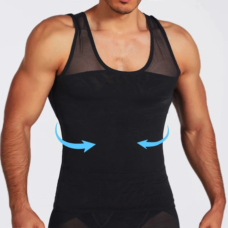 Men's black compression vest with blue arrows highlighting chest and abdomen support