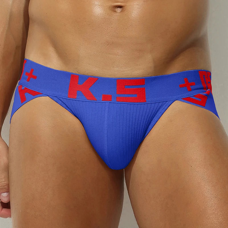 Classic stretch brief, cobalt blue fabric with blue waistband featuring red K.E. lettering