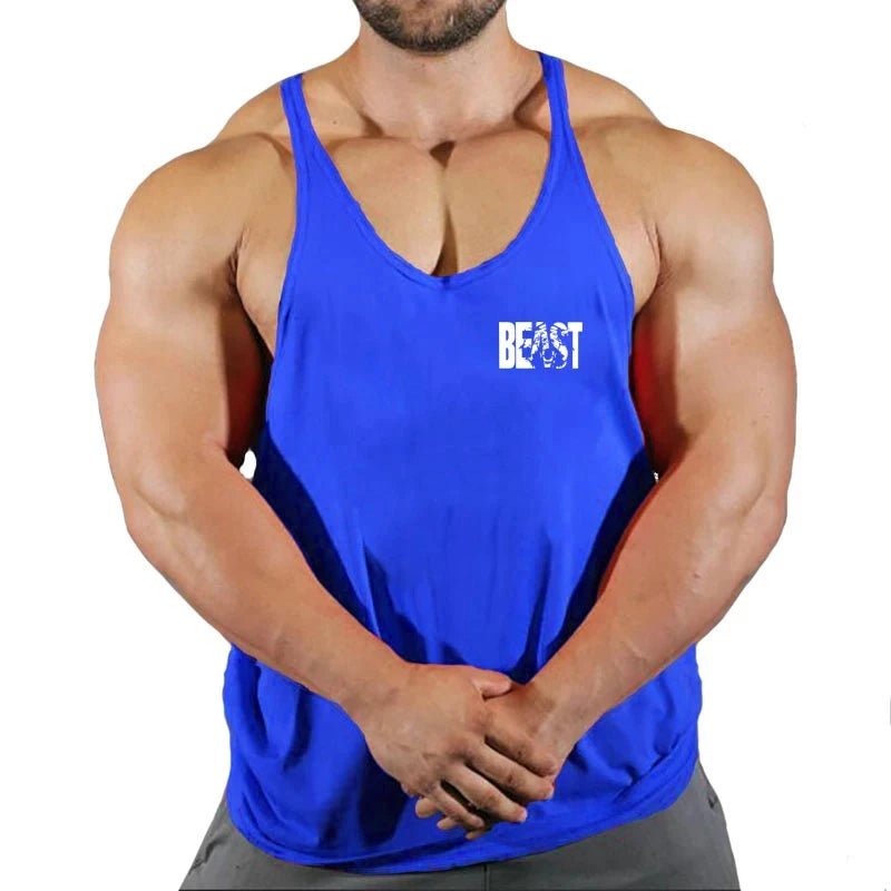 Men's gym stringer singlet vest, blue racerback tank with BEAST logo