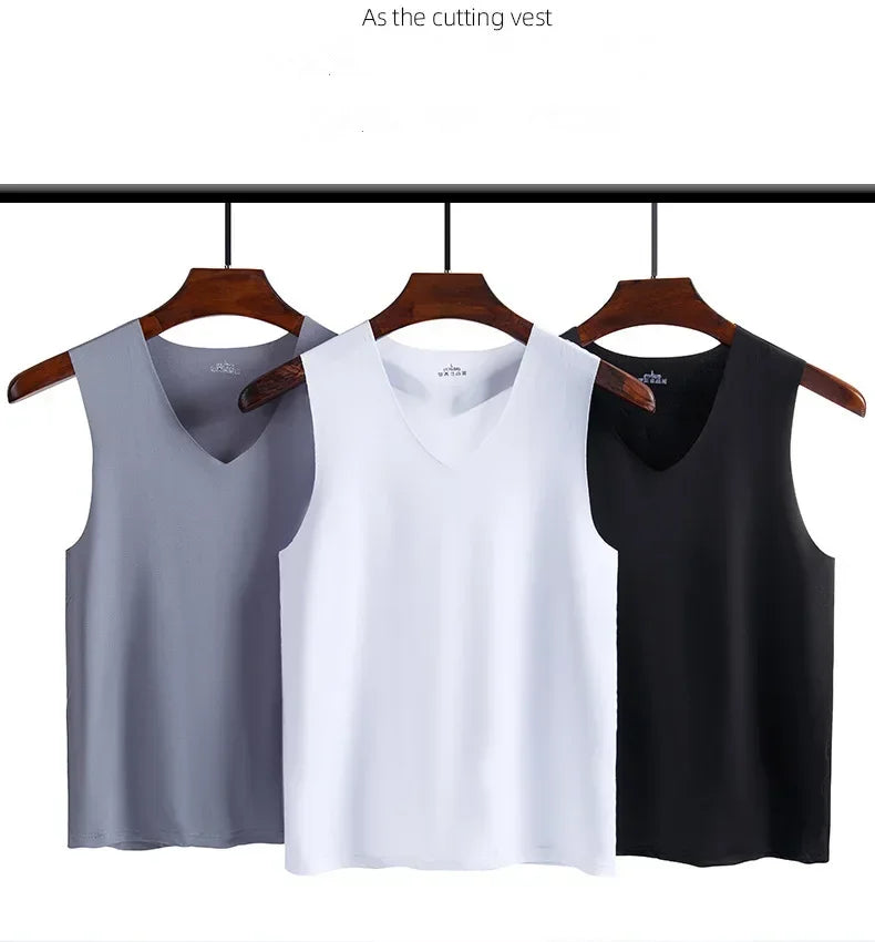 Men's sleeveless V-neck tank tops: light gray, white, and black on hangers
