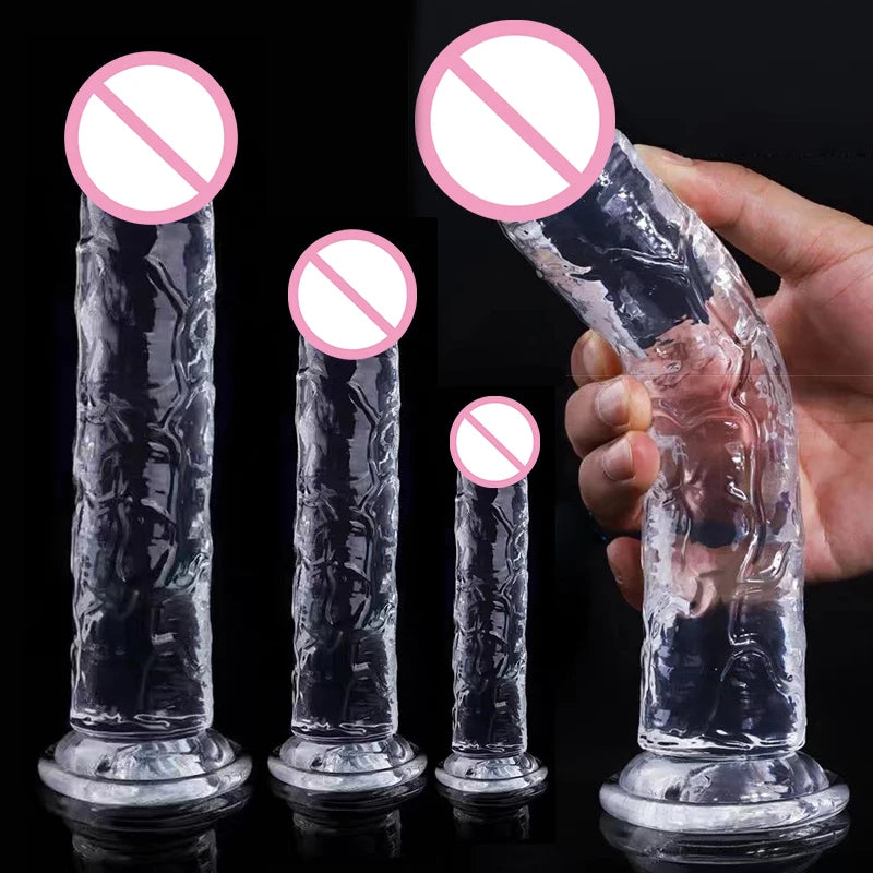 Realistic jelly dildo with suction cups, multiple lengths shown, hand holding one