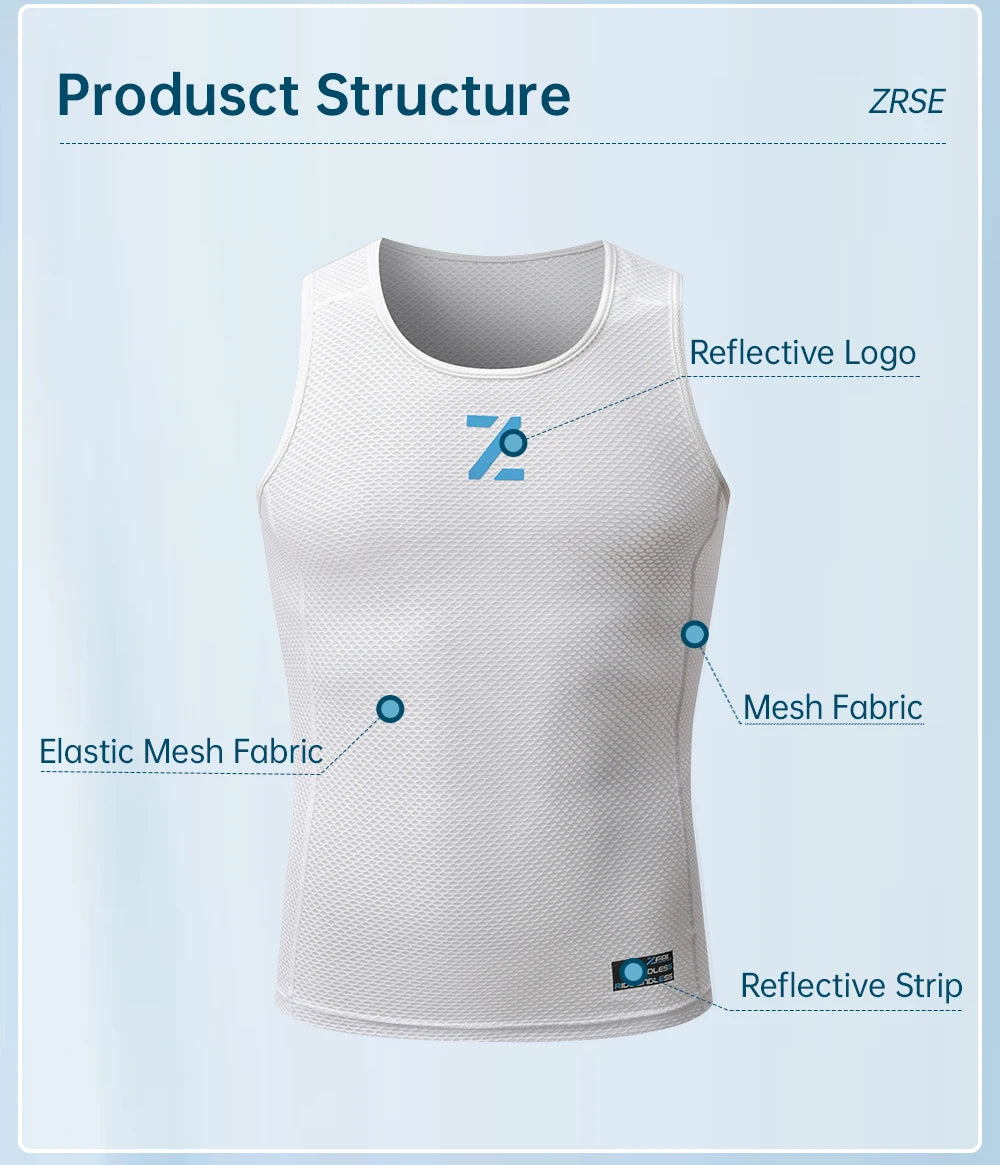 Cycling mesh vest diagram with elastic mesh fabric, reflective logo, and strip