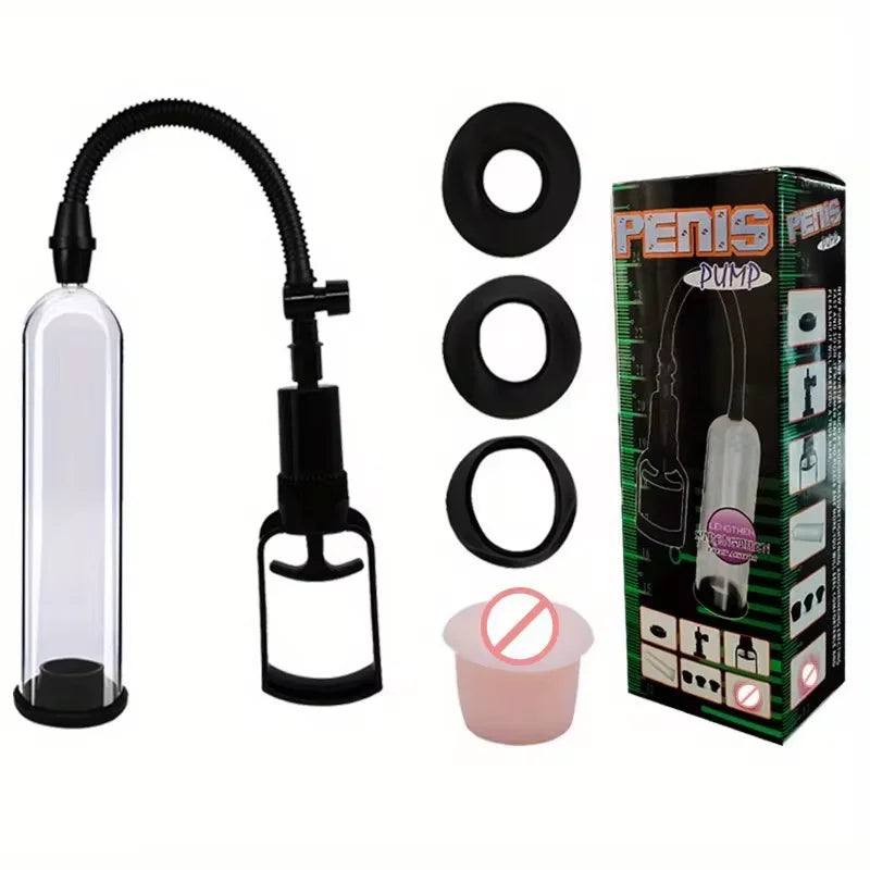 Penis pump set with clear chamber, black base, ring seals, and product box