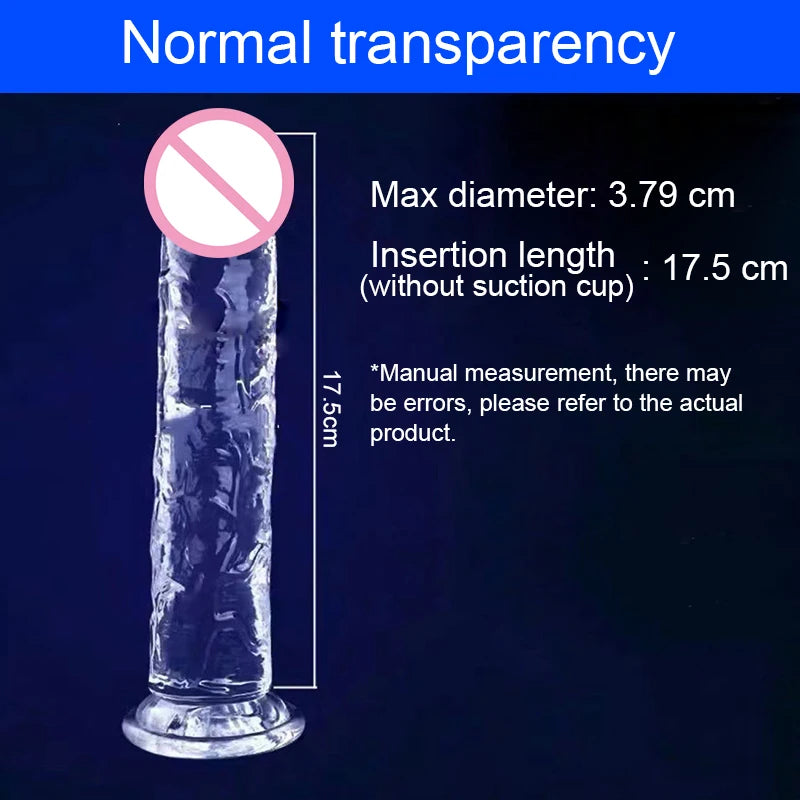 Clear jelly dildo with suction cup; 3.79cm max diameter, 17.5cm insertion length
