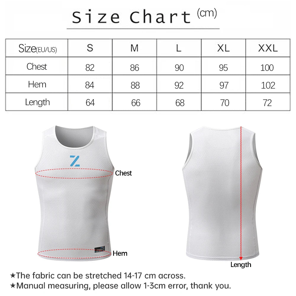 White cycling mesh vest size chart showing chest, hem, and length