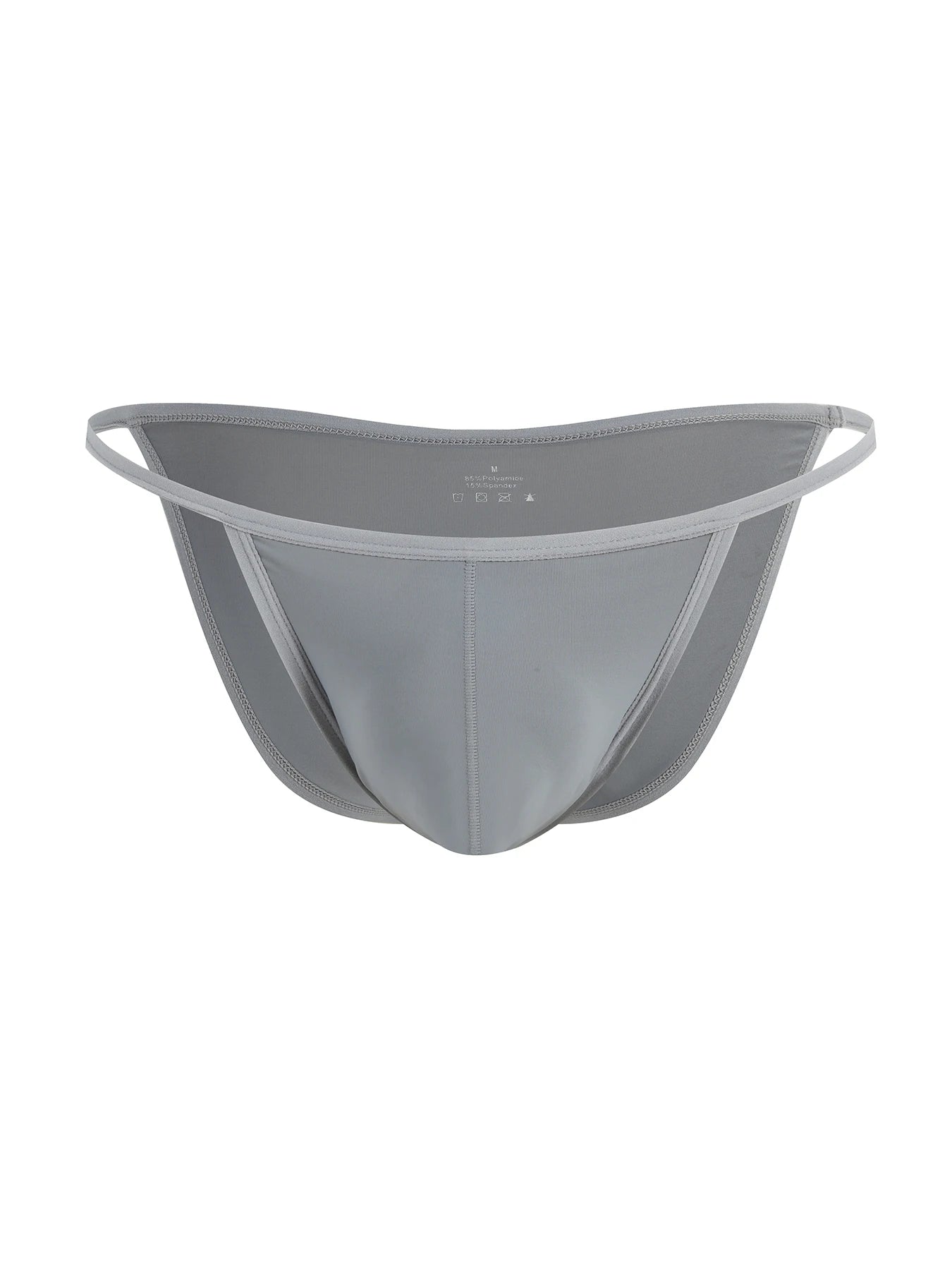 Gray solid U-pouch bikini brief with wide sides and smooth front panel