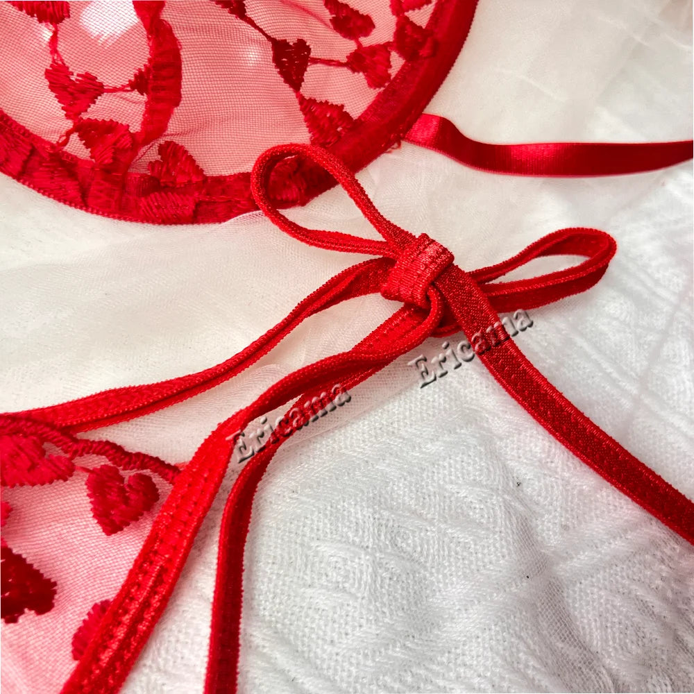 Red floral embroidered mesh bra and thong with lace edging and ribbon ties