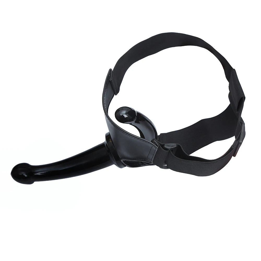 Black strap-on harness with curved dildo and adjustable straps