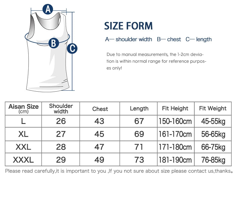 Fitness vest size chart diagram with shoulder width, chest, length