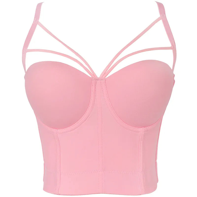 Pink corset bustier bra with underwire cups and adjustable shoulder straps waist shaper