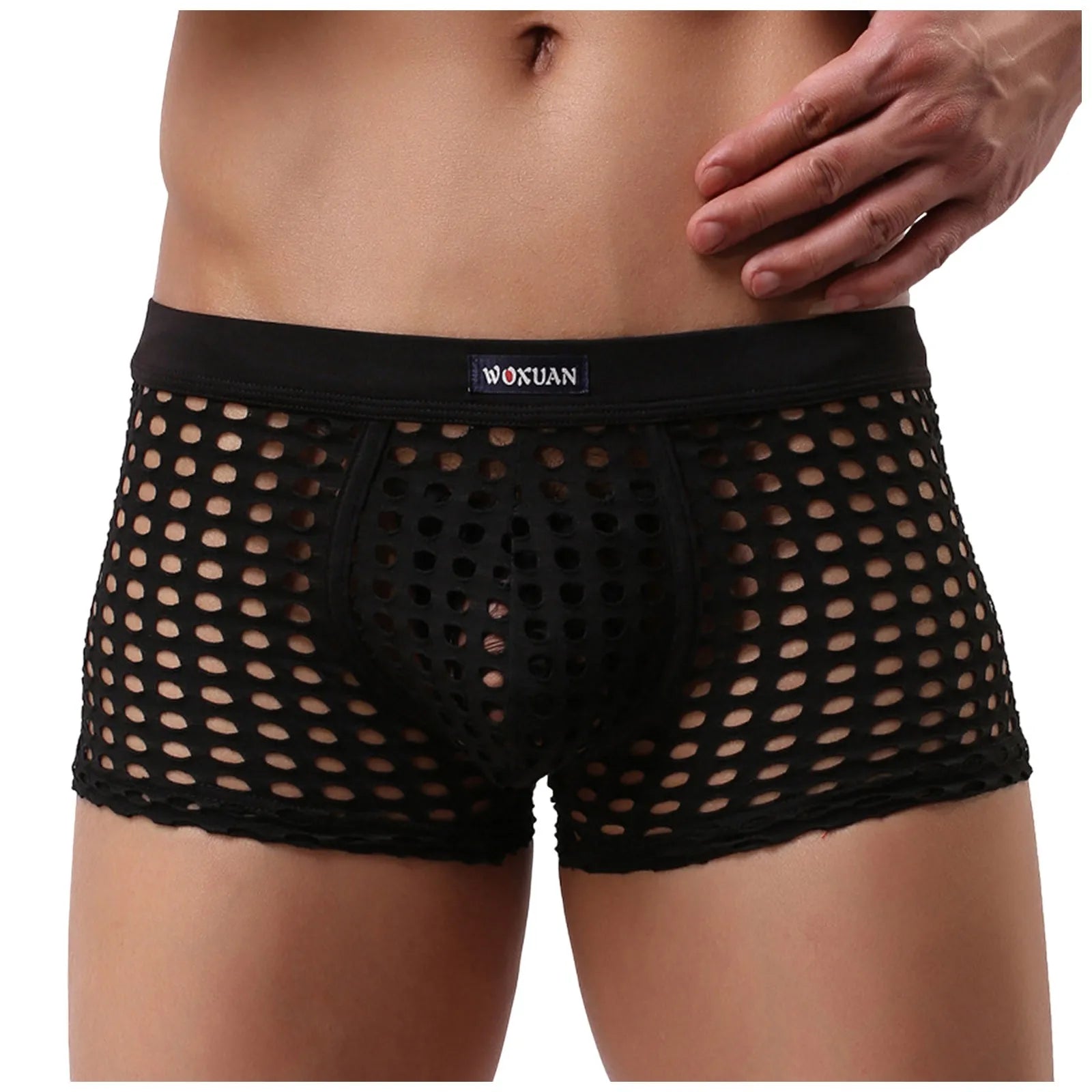 Open-mesh cutout boxer shorts, black, elastic waistband with pouch front.