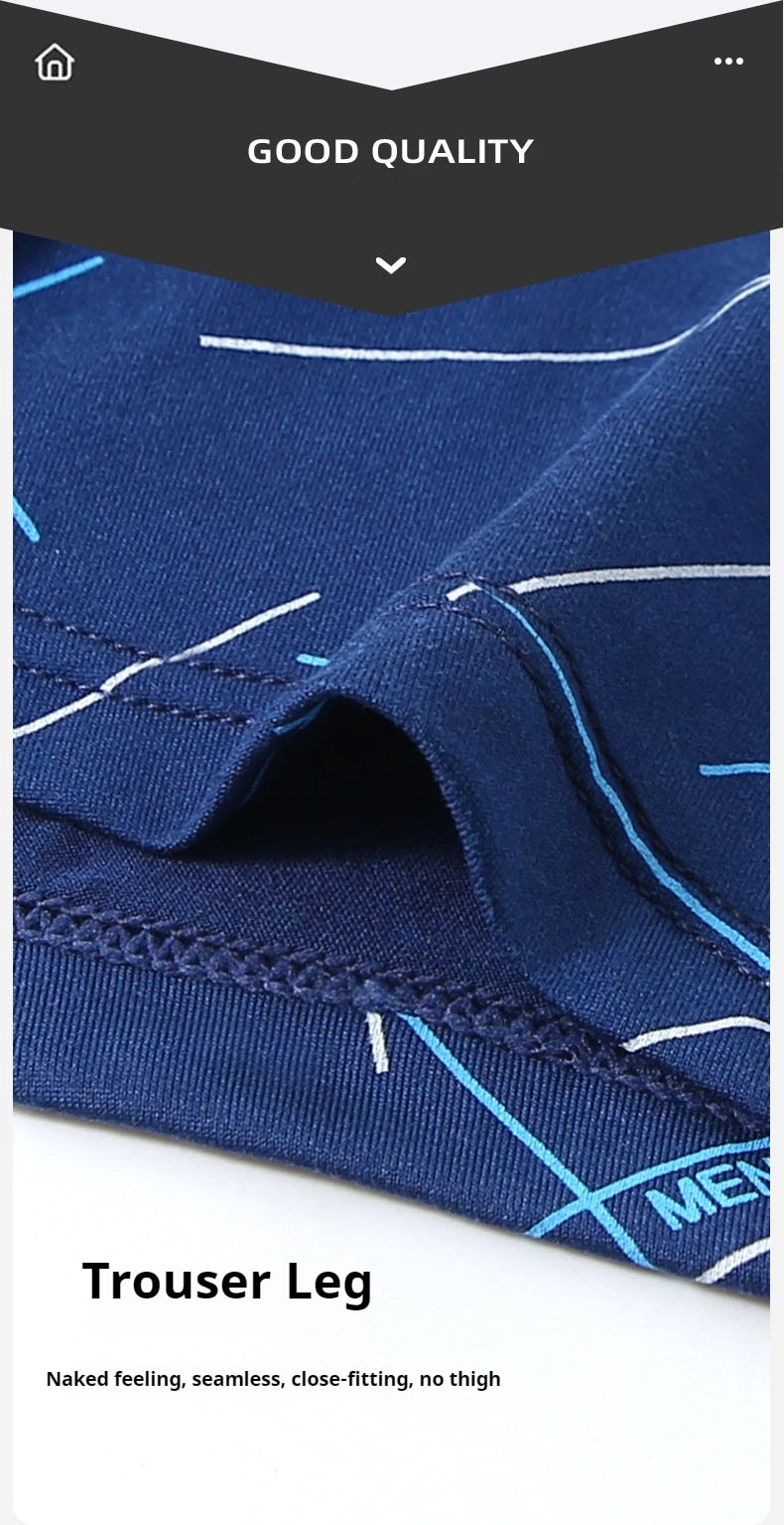 Blue printed stretch trunk leg with visible seam stitching and curved panel