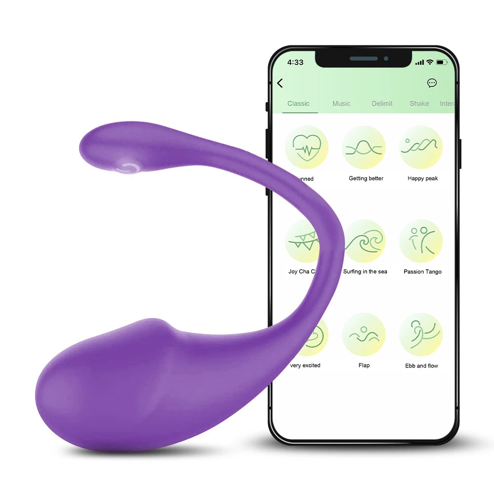 Purple wearable G-spot vibrator beside smartphone app with mode icons and control options