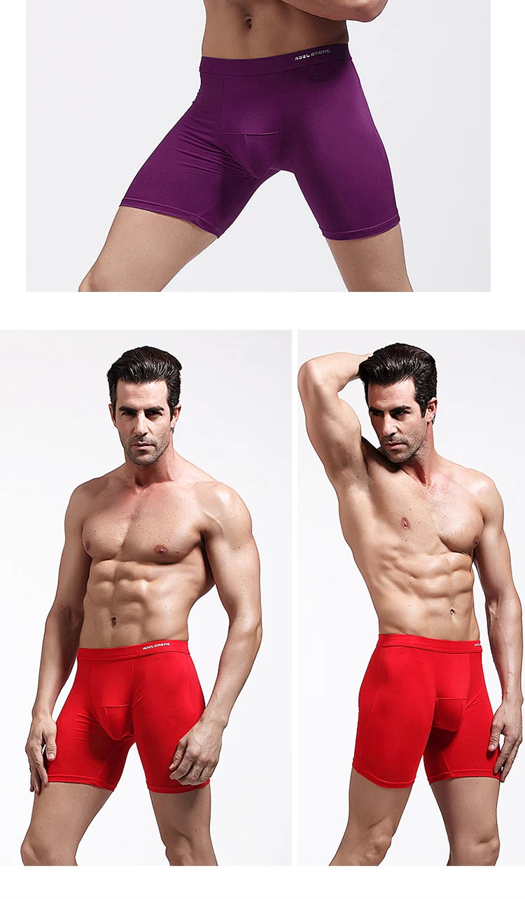 Men’s compression boxer briefs on model: purple and red solid briefs