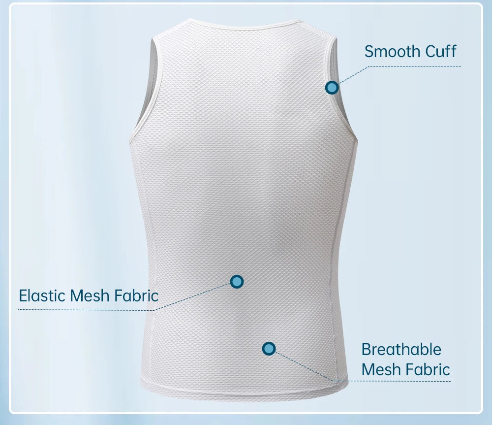 White men's cycling mesh vest base layer with sleeveless smooth cuff