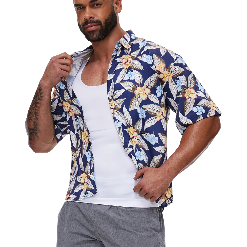 White sleeveless shaping vest with scoop neck, worn under floral shirt
