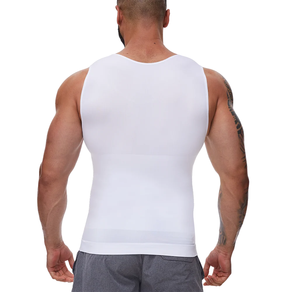 White sleeveless tummy control vest, U-neck tank on model, back view