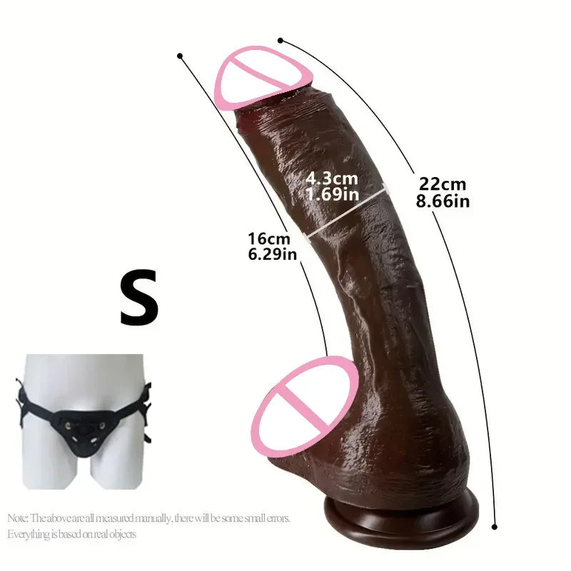 Oversized realistic dildo, S, dark brown/black tone, textured finish, curved.