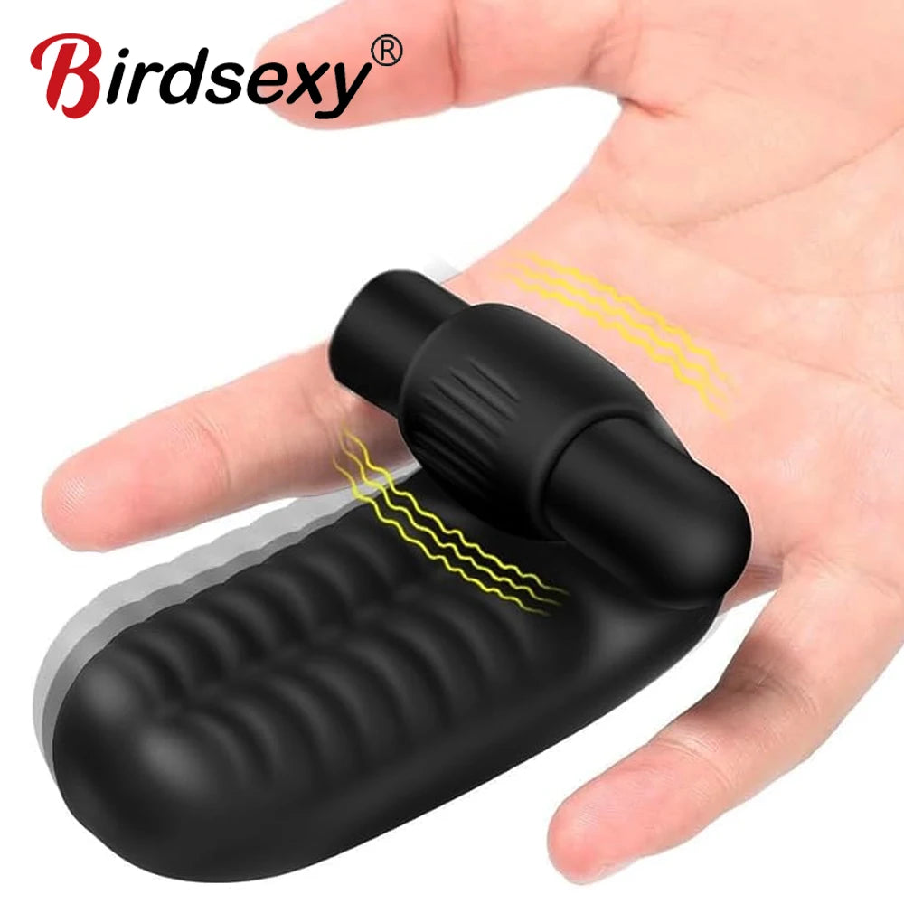 Black finger sleeve G-spot vibrator with textured ridges and rounded end cap