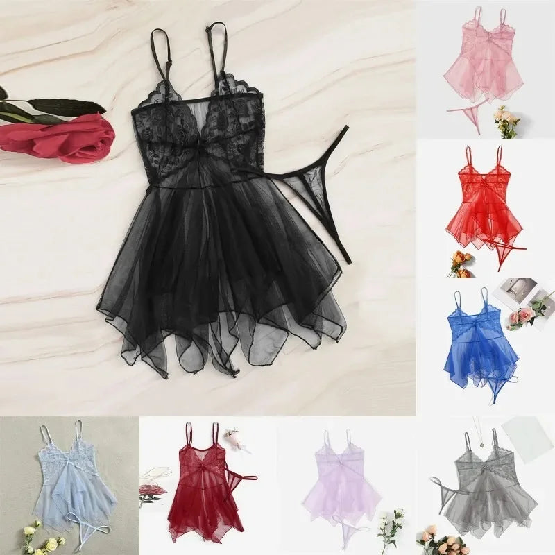 Black sheer tulle lace babydoll set with lace bodice, flared skirt, and thong