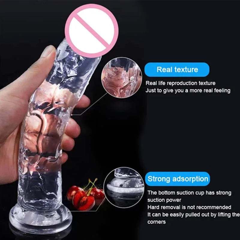 Realistic jelly dildo with suction cup, clear dark textured body in close-up