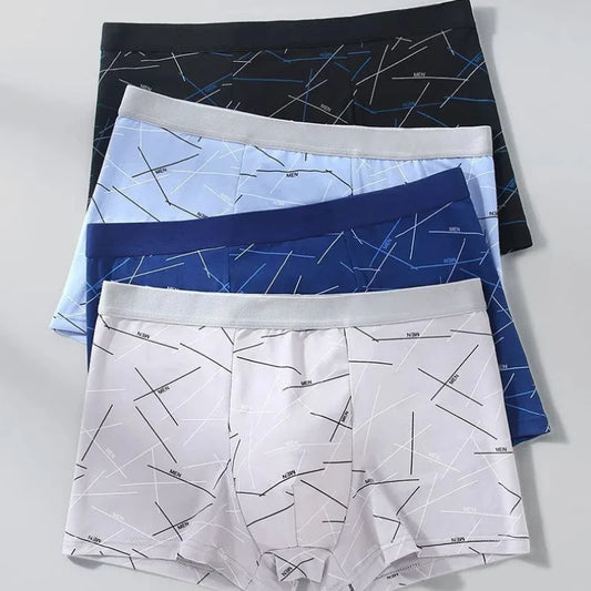 Men’s stretch trunk set, three trunks with blue and white abstract grid patterns