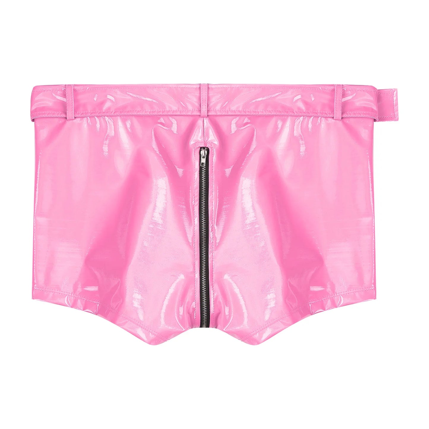 Pink wet-look PVC boxer briefs with center front zipper and waistband belt