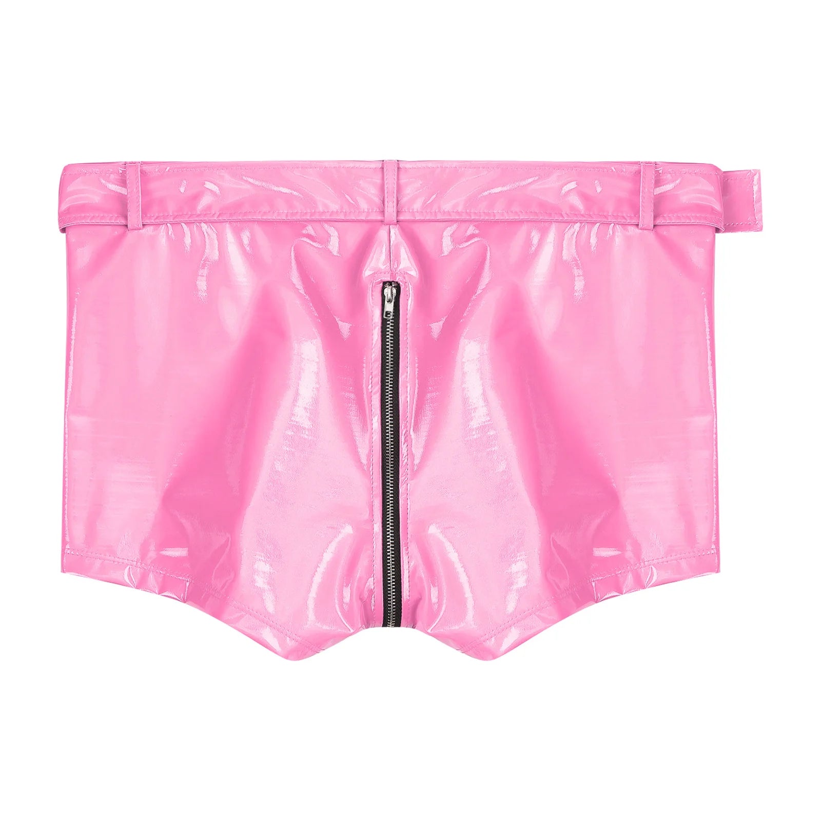 Pink wet-look PVC boxer briefs with center front zipper and waistband belt