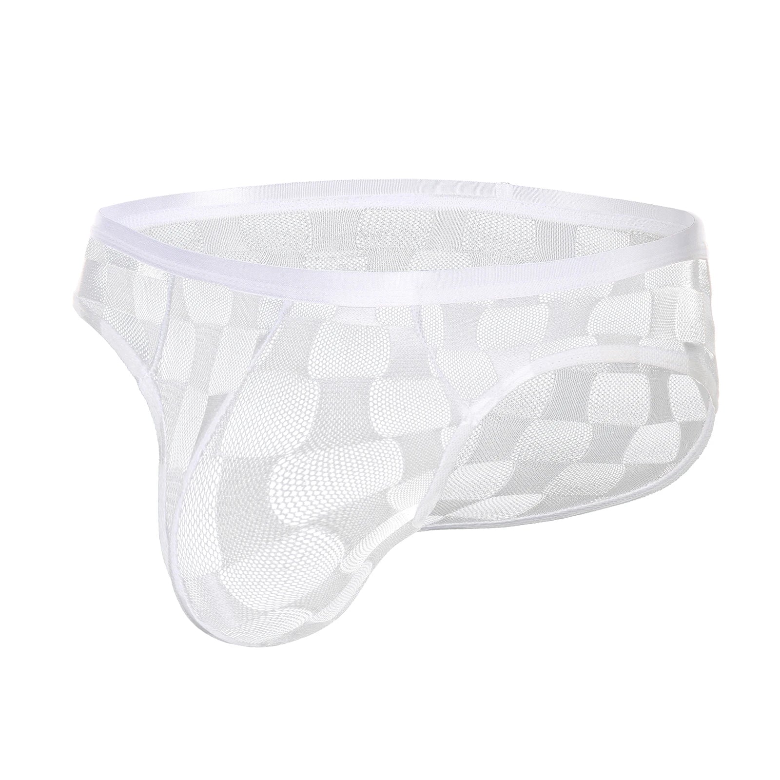 White transparent checkered mesh brief, front view with elastic waistband