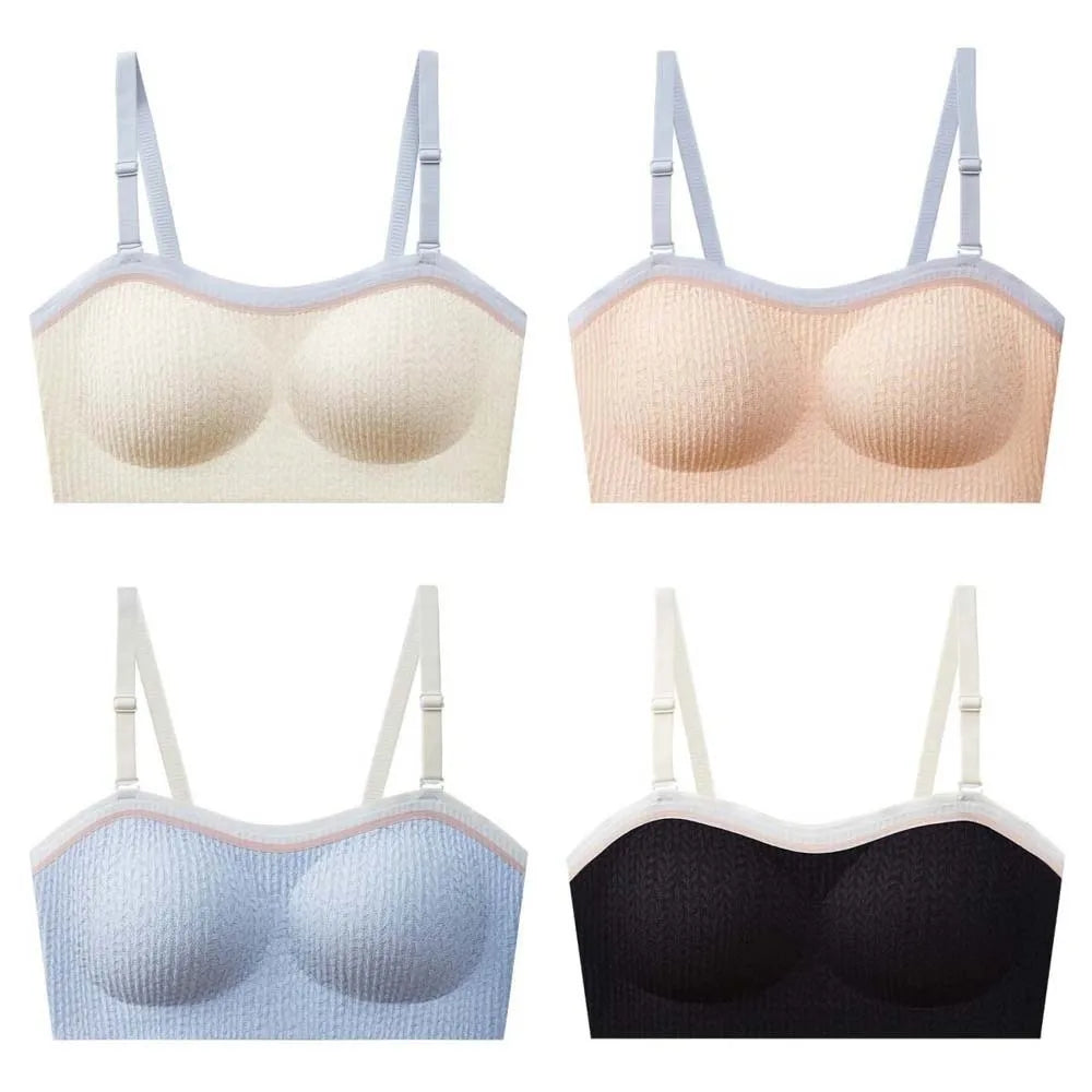 Seamless wireless lift bra set showing white, nude, light blue, and black colors