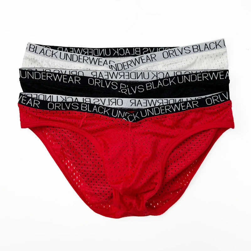 Red sheer mesh pouch brief with elastic logo waistband