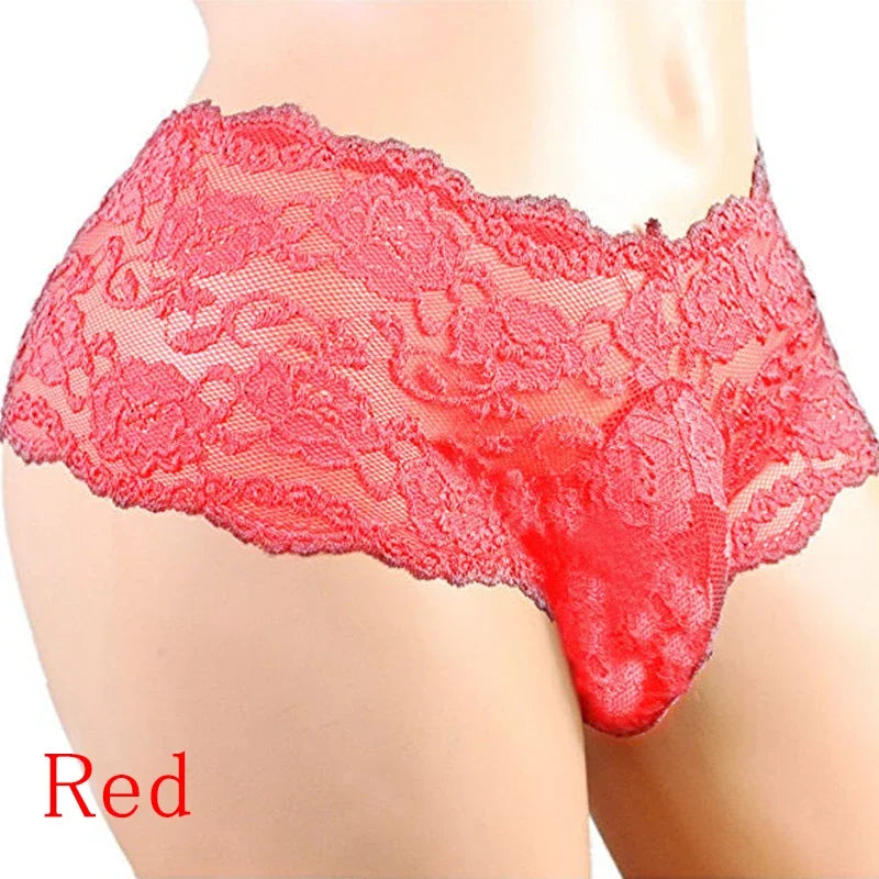 Red lace sissy jockstrap brief with scalloped edges and intricate floral lace