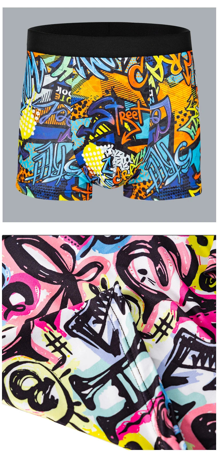 Multicolor printed boxer shorts front view with black waistband and matching fabric close-up