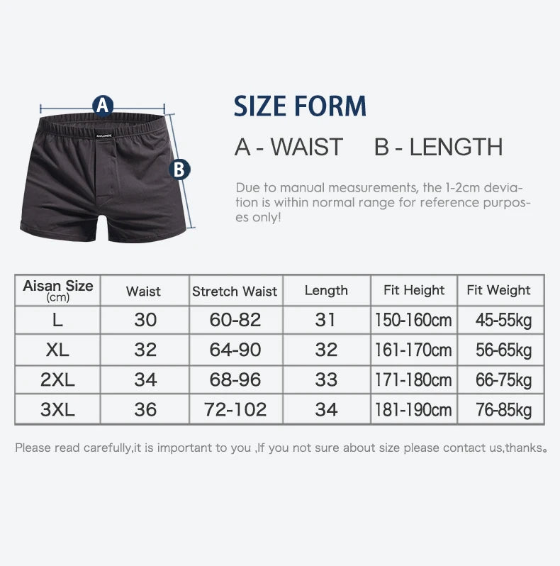 Black cotton pyjama boxer shorts size chart illustration, front view with elastic waist