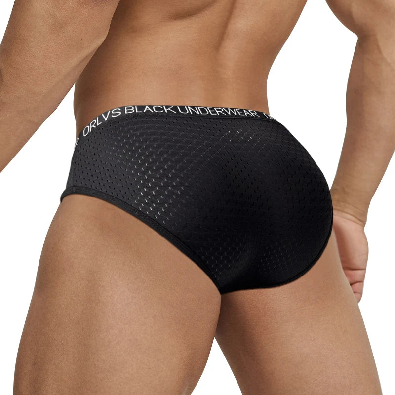 Black sheer mesh pouch brief shown from the back with logo waistband