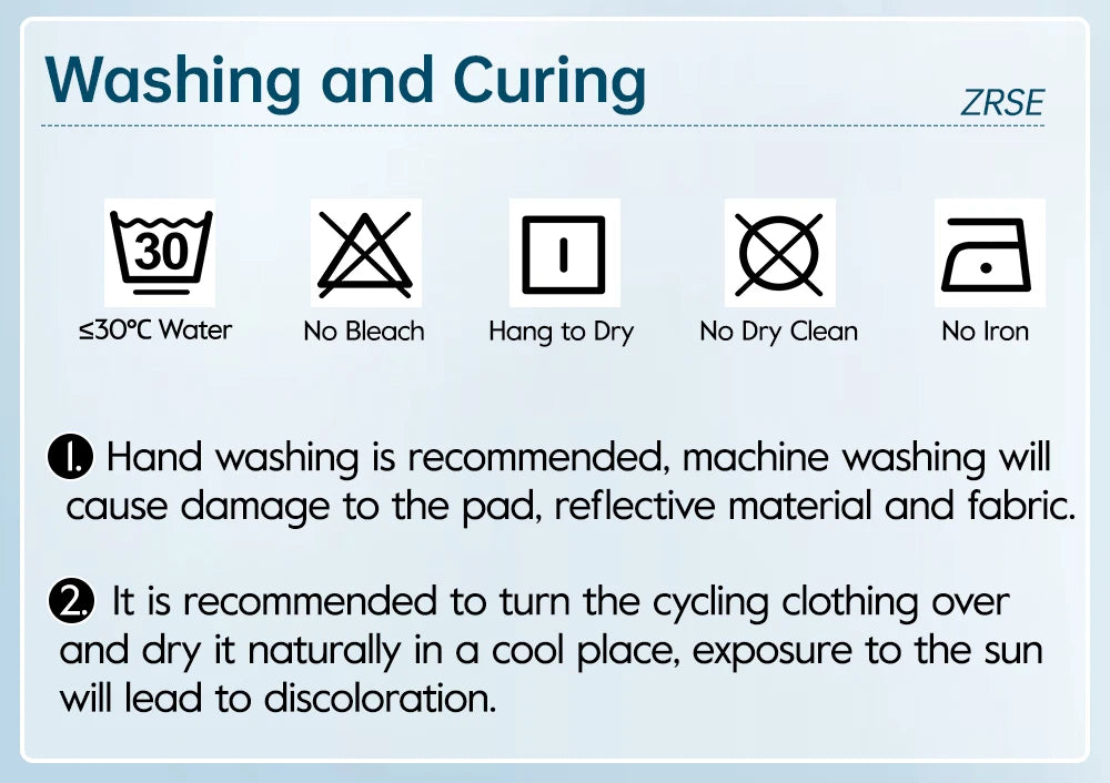 Washing and curing care icons: 30°C wash, no bleach, hang dry, no dry clean, no iron.