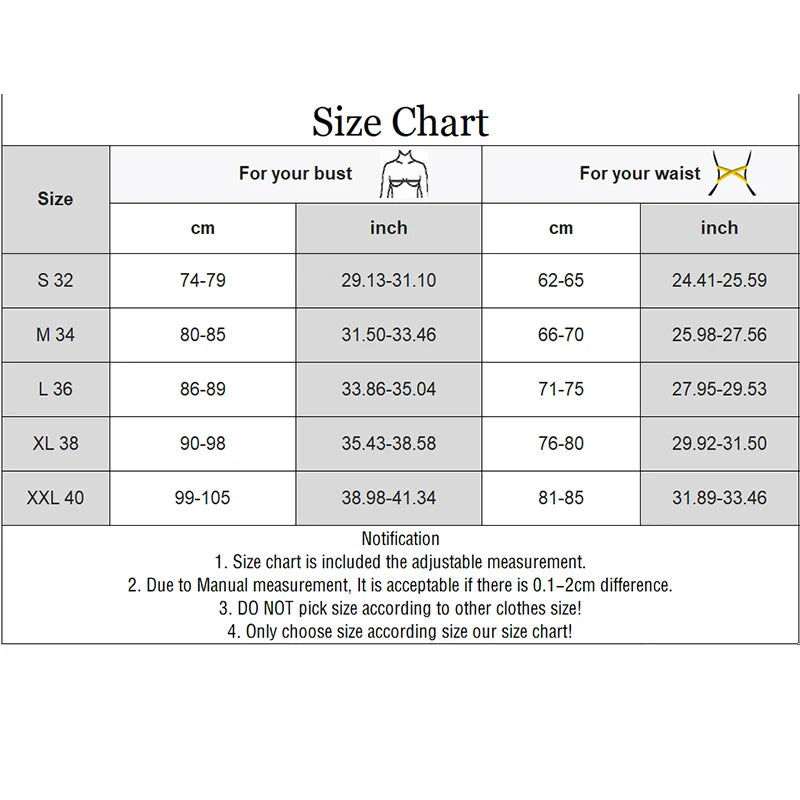 Size chart for bust and waist measurements (cm and inches)