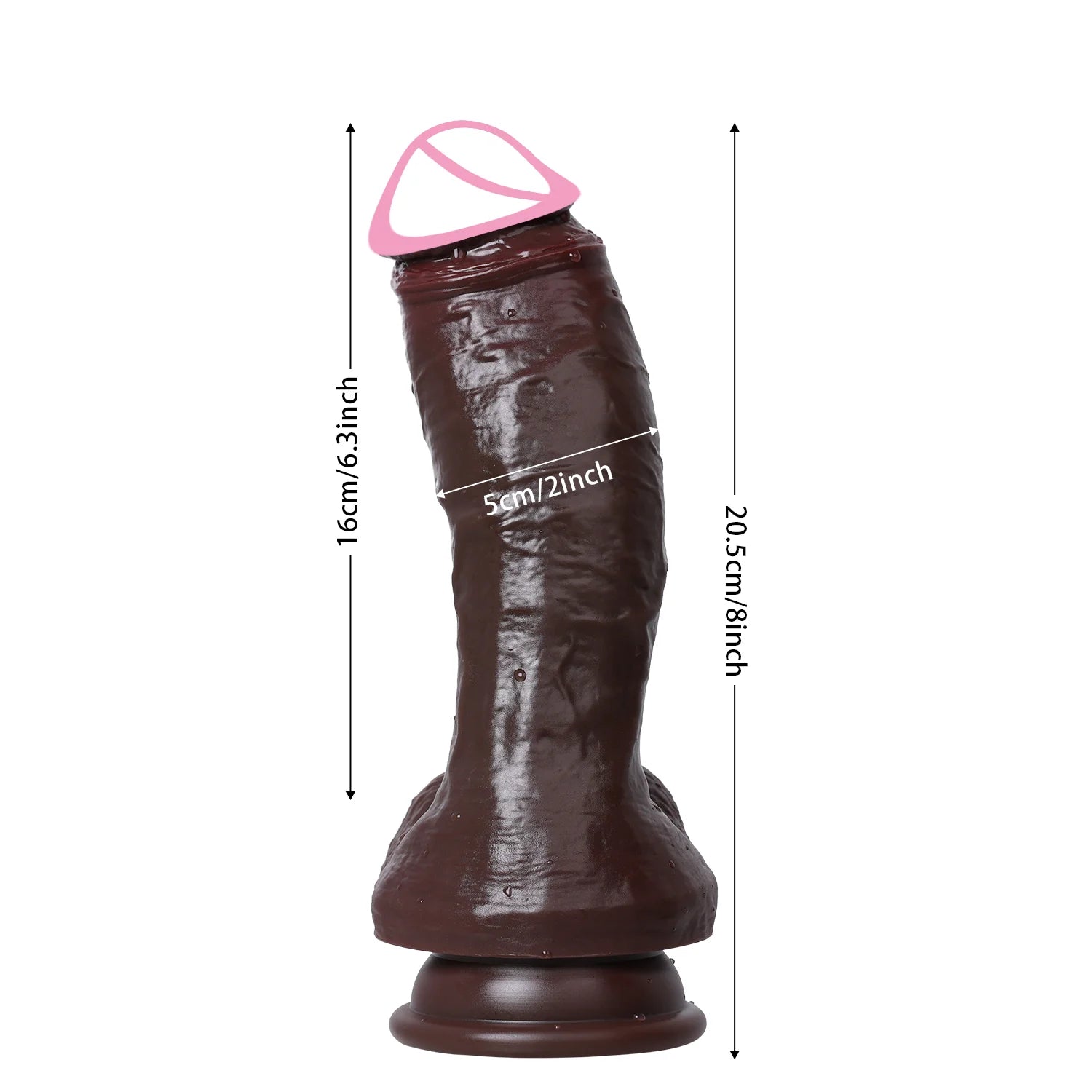 Realistic dark-brown dildo with flared base; size marked 20.5cm/8.1in