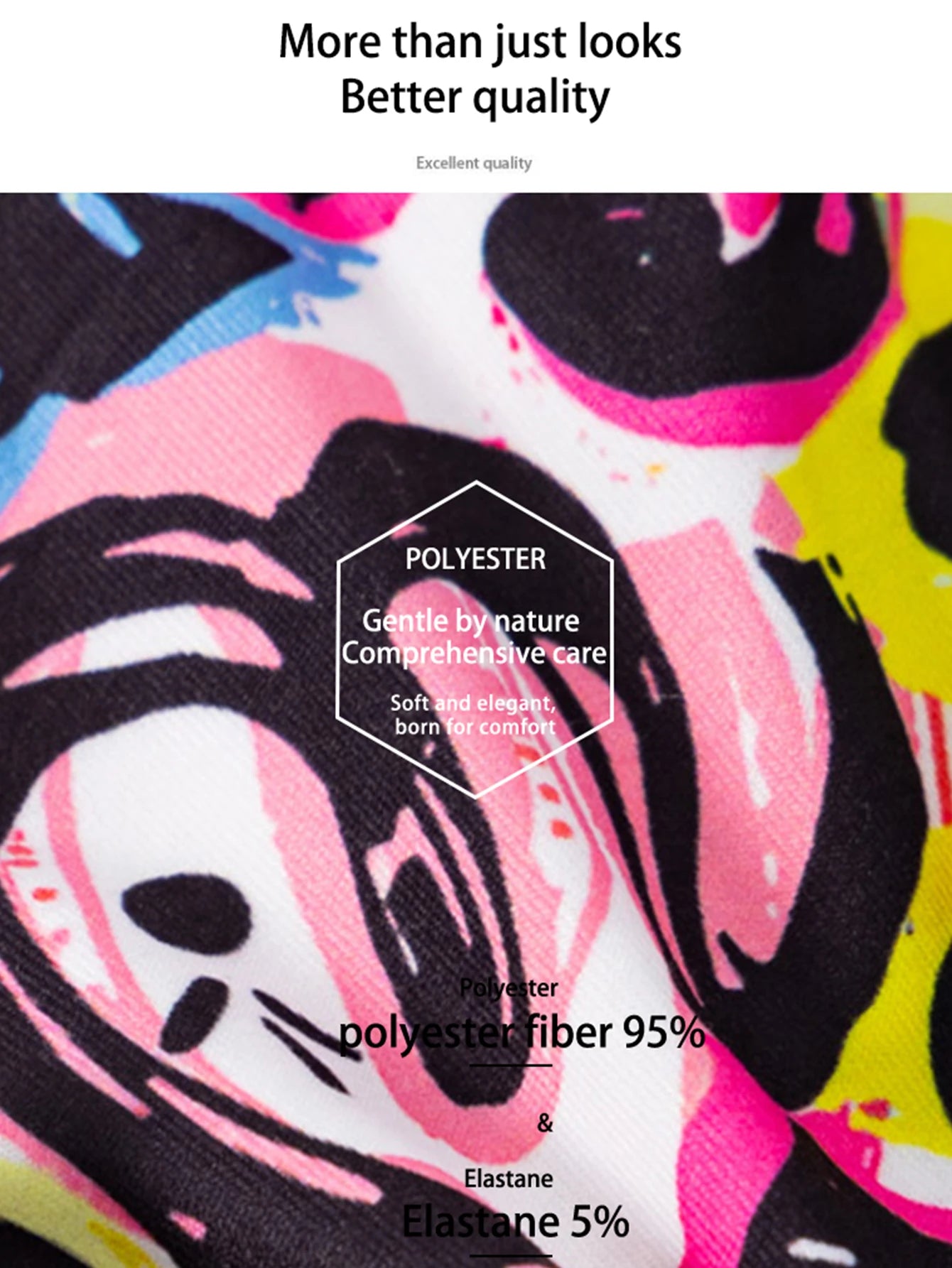 Polyester-blend printed boxer fabric close-up with colorful graffiti design