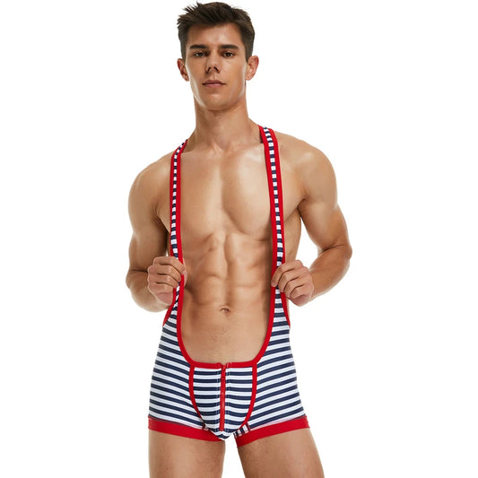 Men's striped camisole jumpsuit with red trim and front zipper