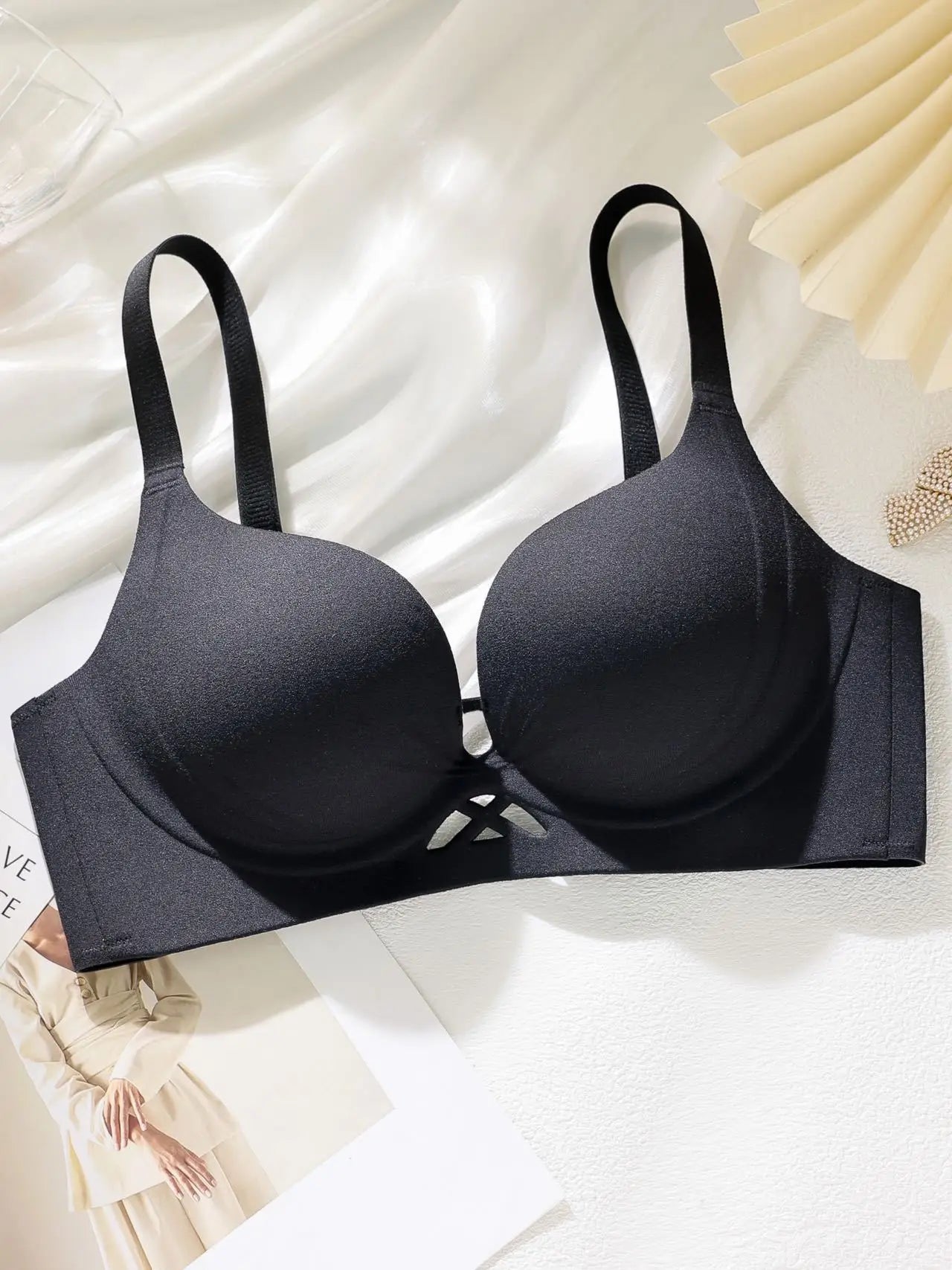 Gray-blue push-up cotton bra with molded cups, black straps, and front cutout detail