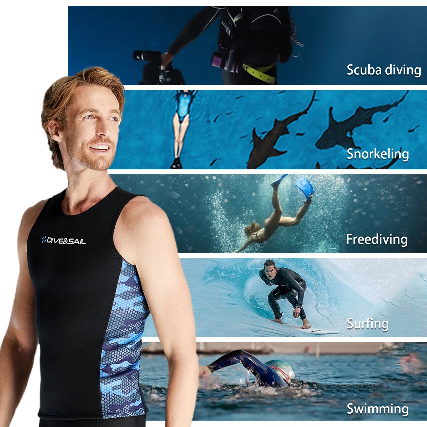 Men's black sleeveless wetsuit vest with blue camo side panels, on model