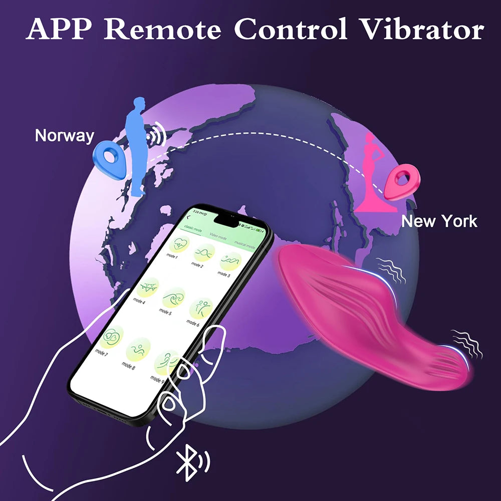 Hot pink wearable butterfly vibrator controlled by a smartphone app via Bluetooth