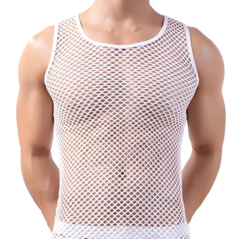 White sheer mesh long sleeve vest, front view with round neck and open lattice