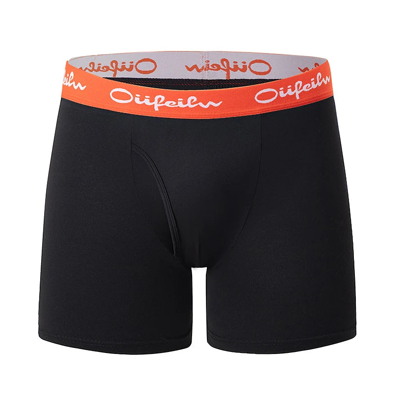 Black boxer briefs with orange logo waistband, front view