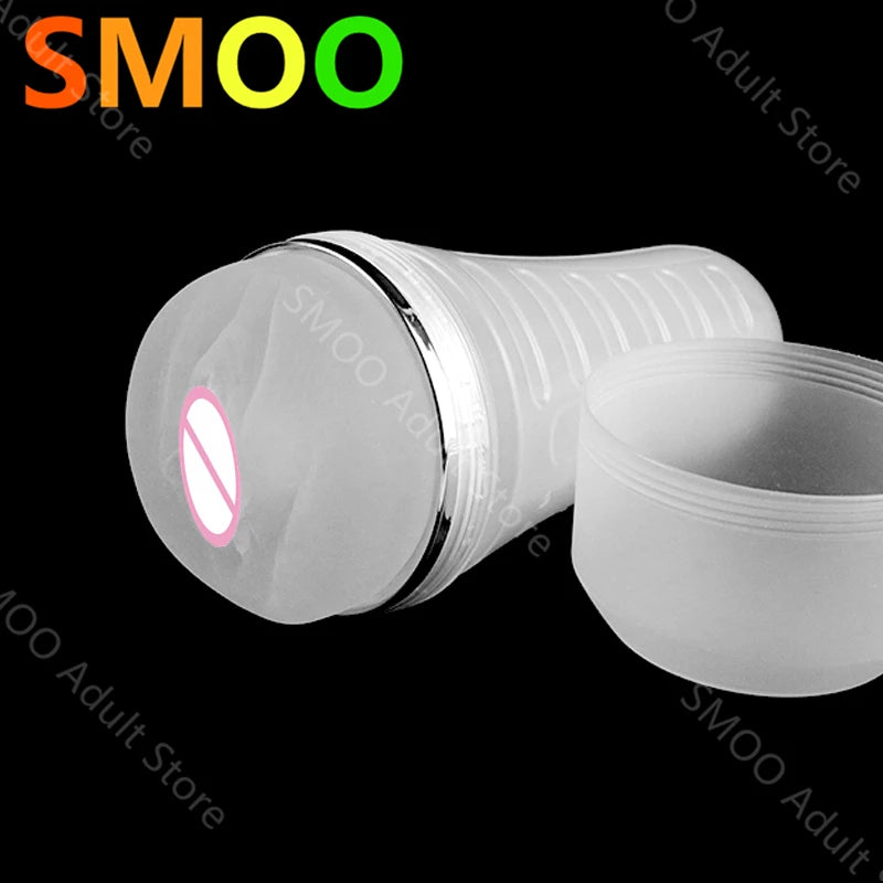 Realistic stroker cup, transparent sleeve with flared rim and pink oval opening